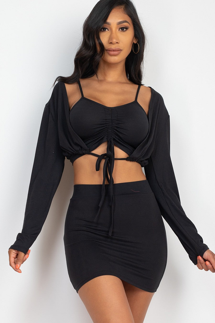 Ruched Drawstring Cami Top AND Skirt Set with Cardigan