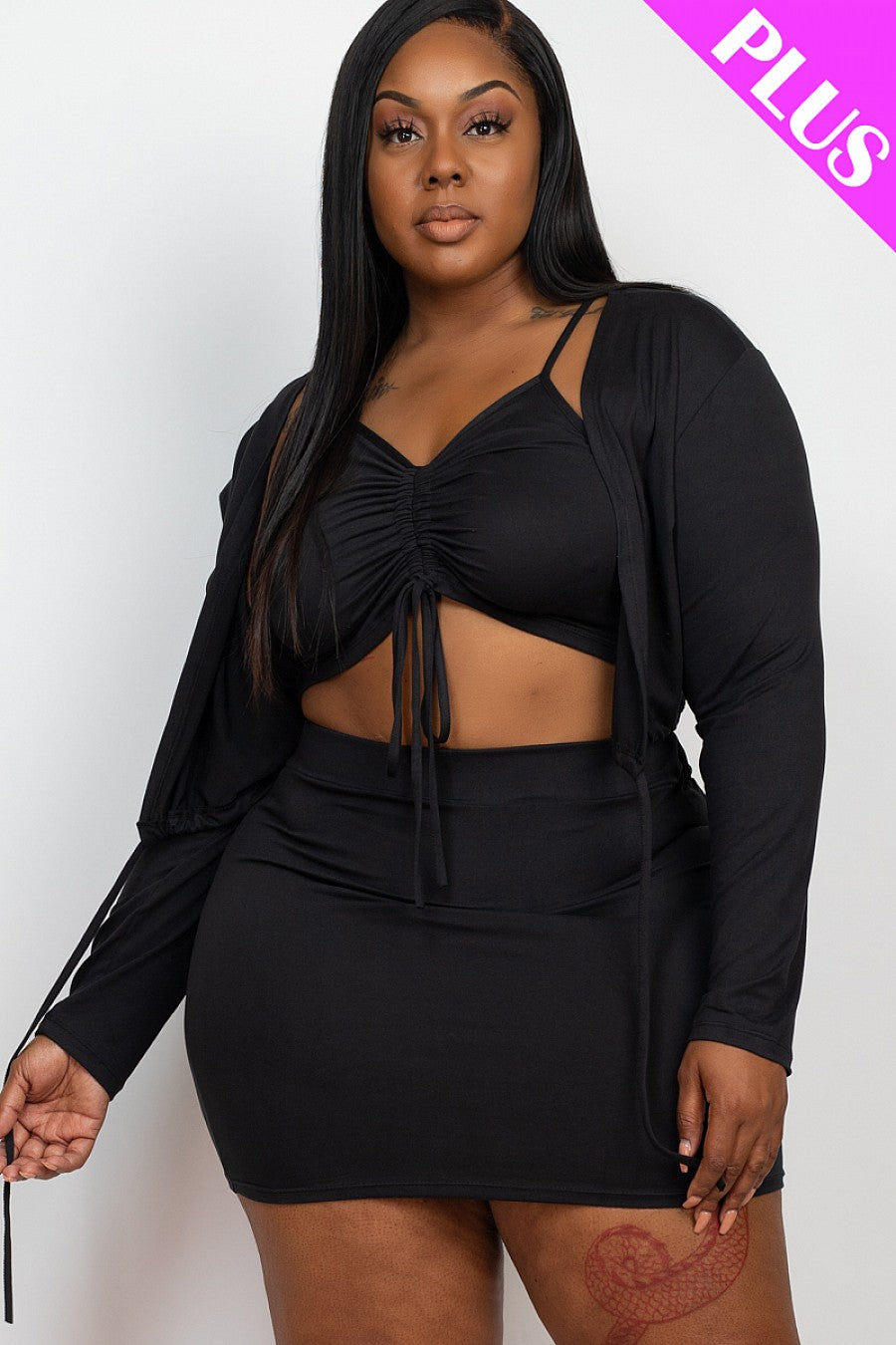 Ruched Drawstring Cami Top AND Skirt Set with Cardigan