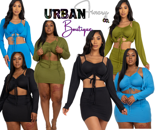 Ruched Drawstring Cami Top AND Skirt Set with Cardigan