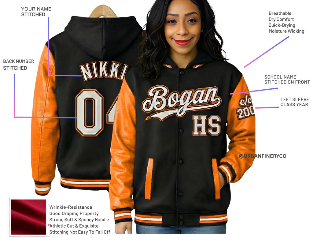 (Women) HOODED Custom "Bogan" Edition Varsity Jacket (Faux Leather or Poly Wool Sleeves) Urban Finery®