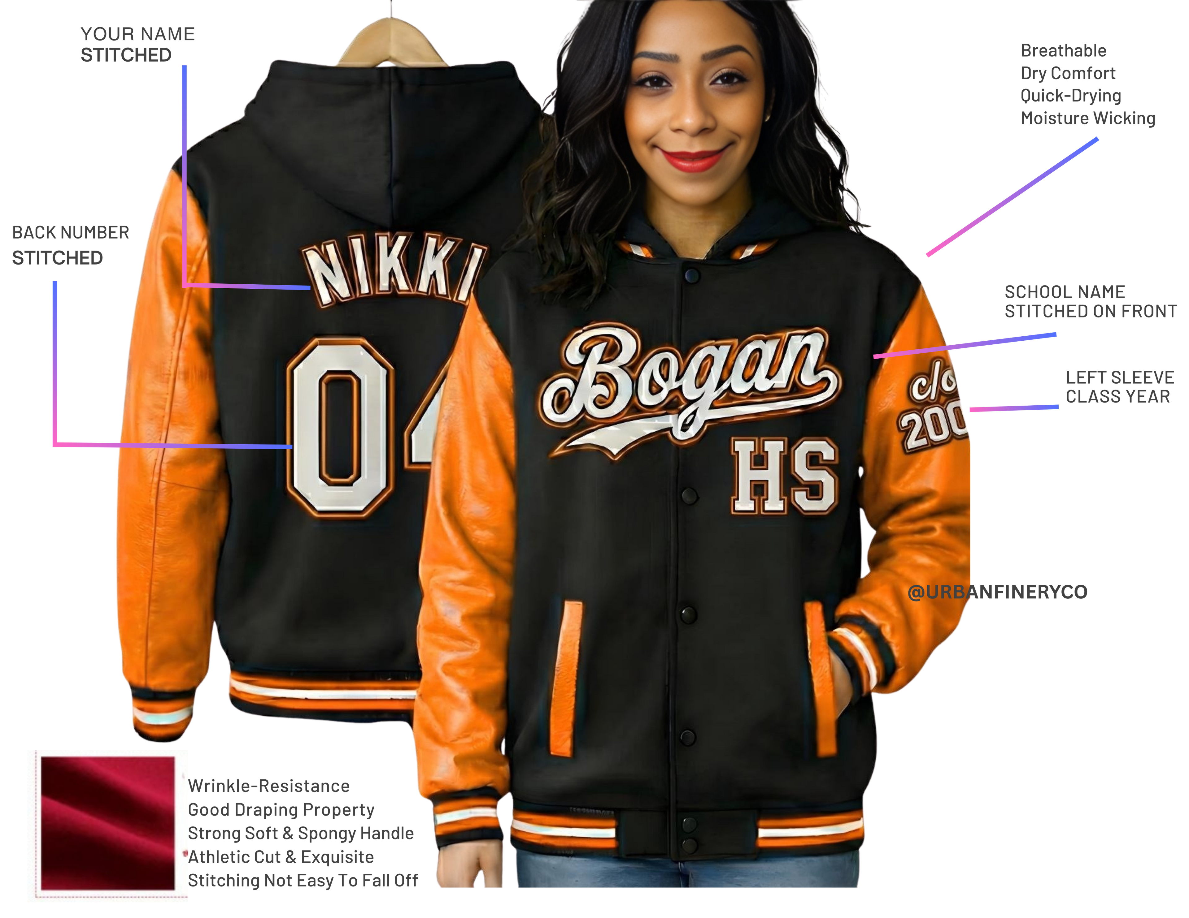 (Women) HOODED Custom "Bogan" Edition Varsity Jacket (Faux Leather or Poly Wool Sleeves) Urban Finery®