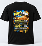 Back of black Party in the Park graphic T-shirt showing the Tucson concert lineup and performance times