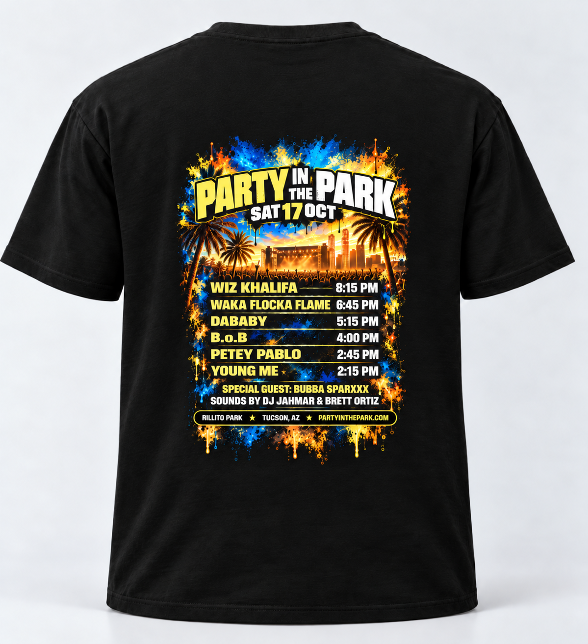 Back of black Party in the Park graphic T-shirt showing the Tucson concert lineup and performance times