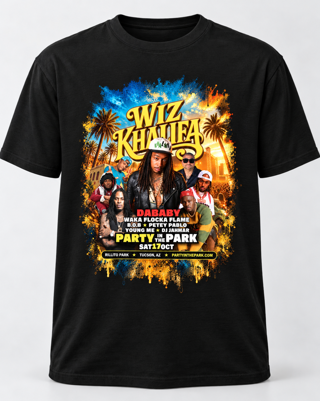 Front view of black Party in the Park Tucson 2026 concert T-shirt with smaller centered front graphic