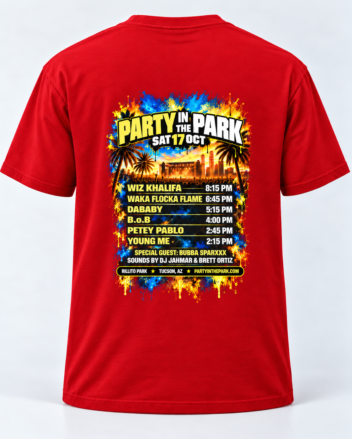 Red Party in the Park Tucson 2026 T-shirt back view with concert lineup