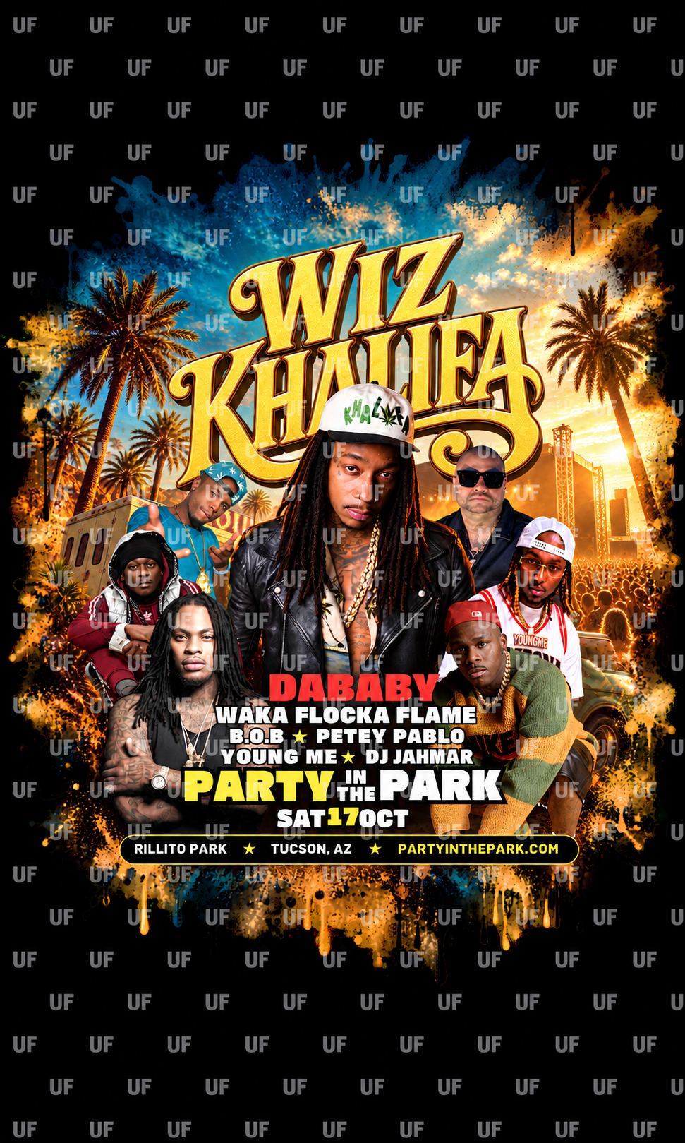 Party in the Park Tucson graphic artwork with repeated UF tile watermarks