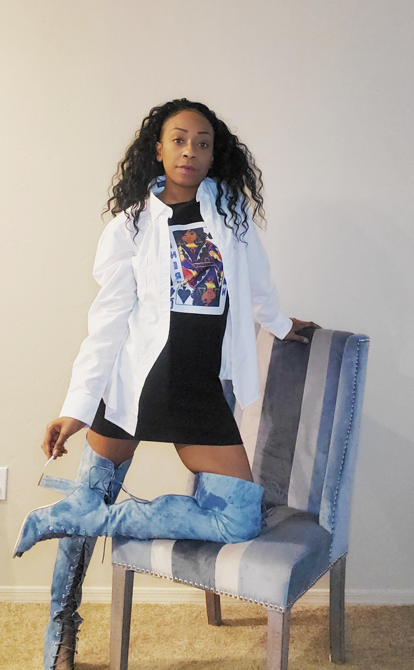 Denim top thigh boots