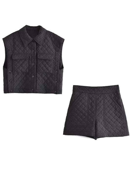 2 Pieces High Waist Shorts Quilting Cotton Casual Vest Suit