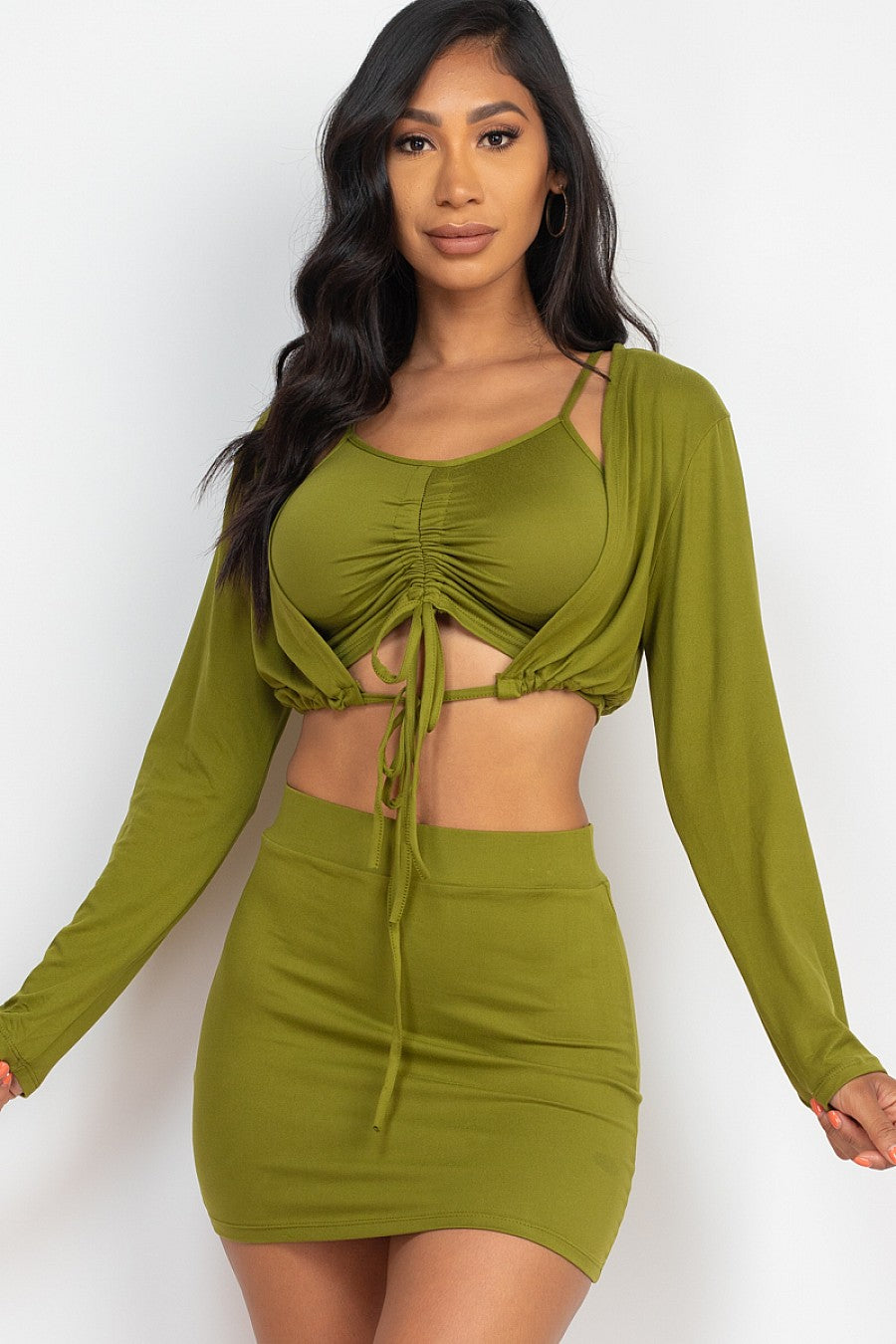 Ruched Drawstring Cami Top AND Skirt Set with Cardigan